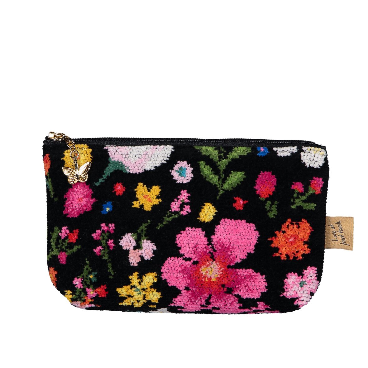 Elegante Chenille-Tasche mit Blumendesign. Rückseite – Luxuriöse FEILER Tasche der Kollektion FLOWER POWER als Rückansicht aus Original FEILER-Chenille, Made in Germany.