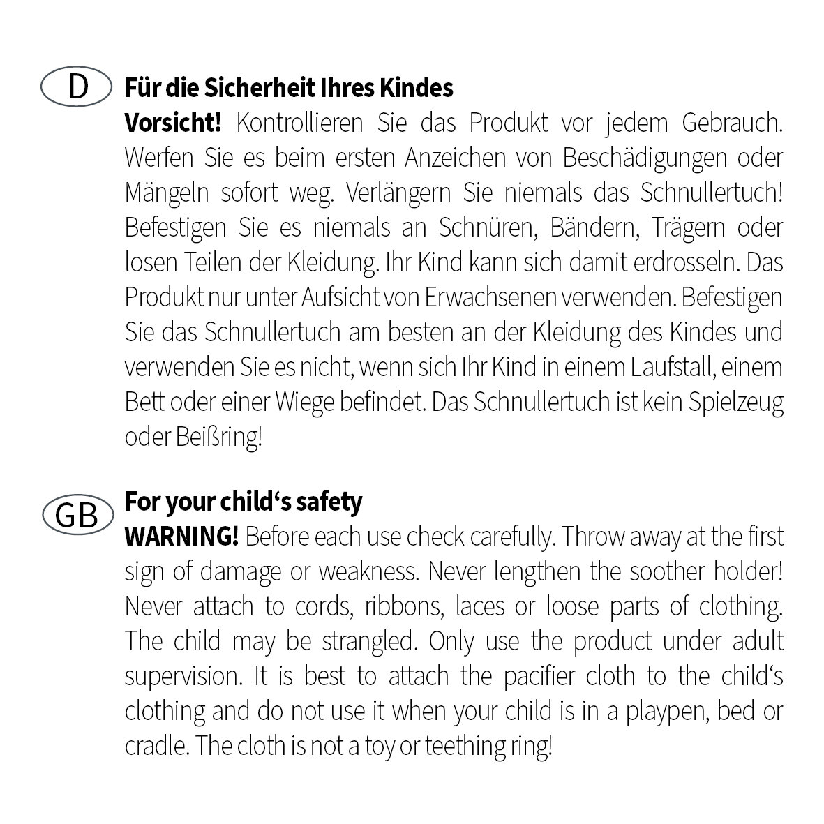 by FEILER: Textverpackung mit Sicherheitshinweisen für Schnullertuch. Warnhinweise auf Deutsch und Englisch mit klaren Anweisungen.