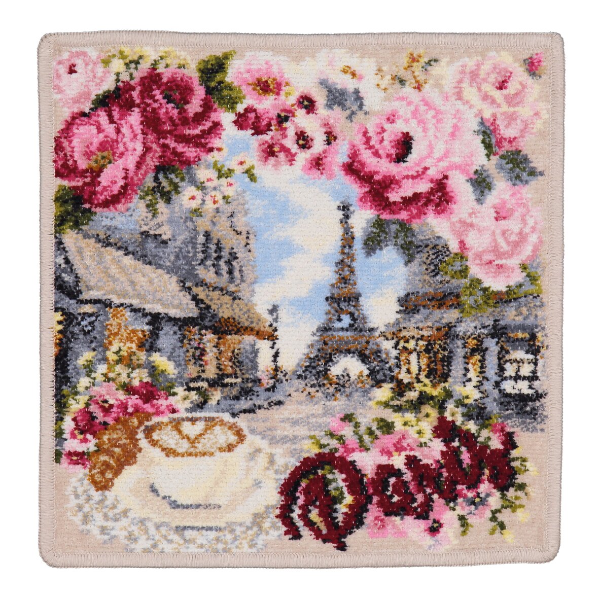 Colourful Paris scene with roses and Eiffel Tower on fabric; vibrant design, without figures shown.