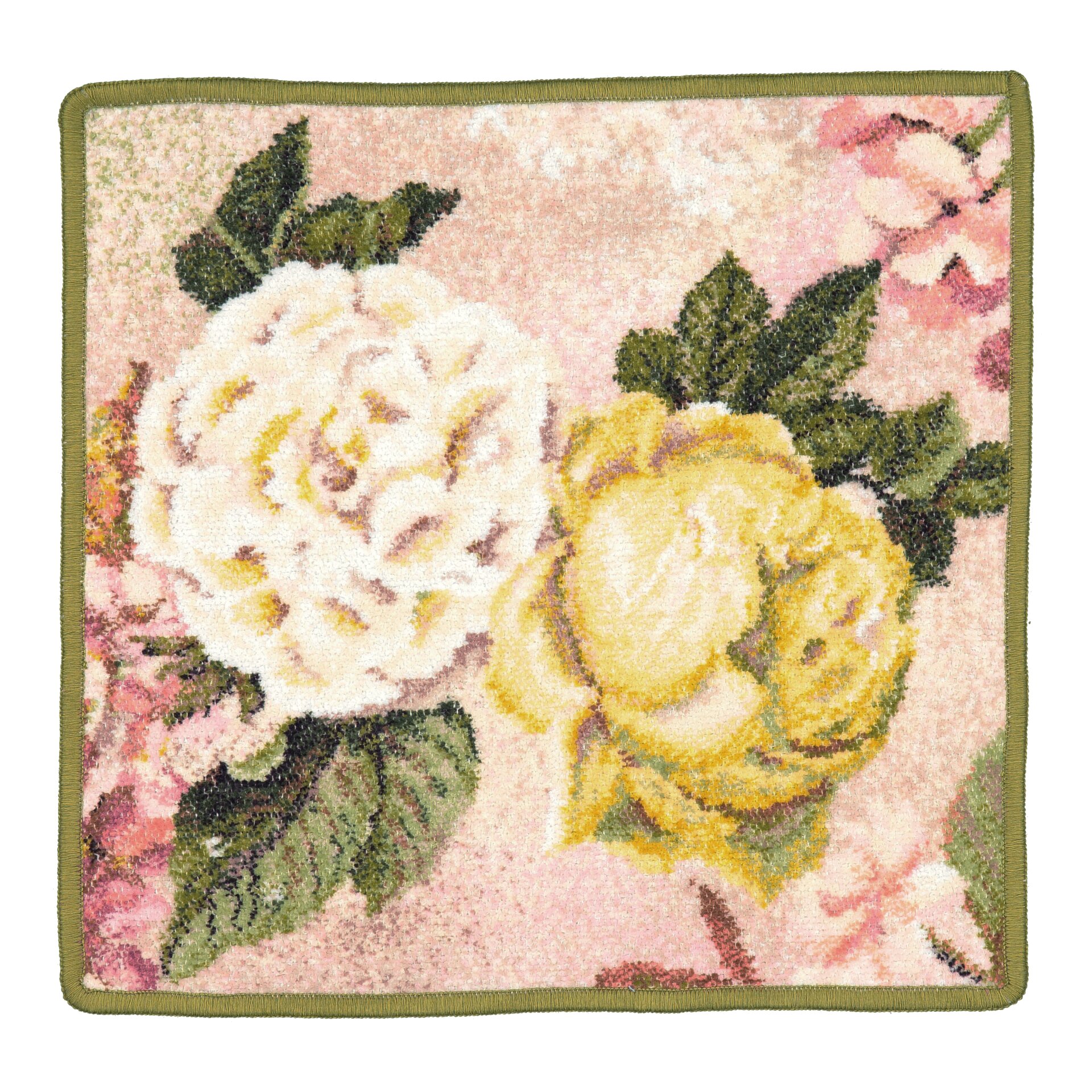 Square patterned textile with large white and yellow floral design, bordered in green.