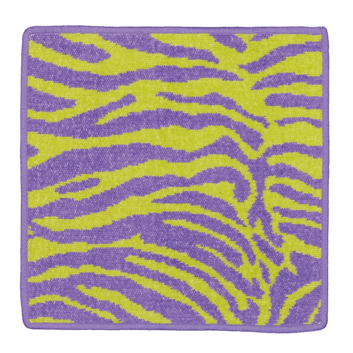 Square fabric with vibrant zebra pattern in purple and green tones.