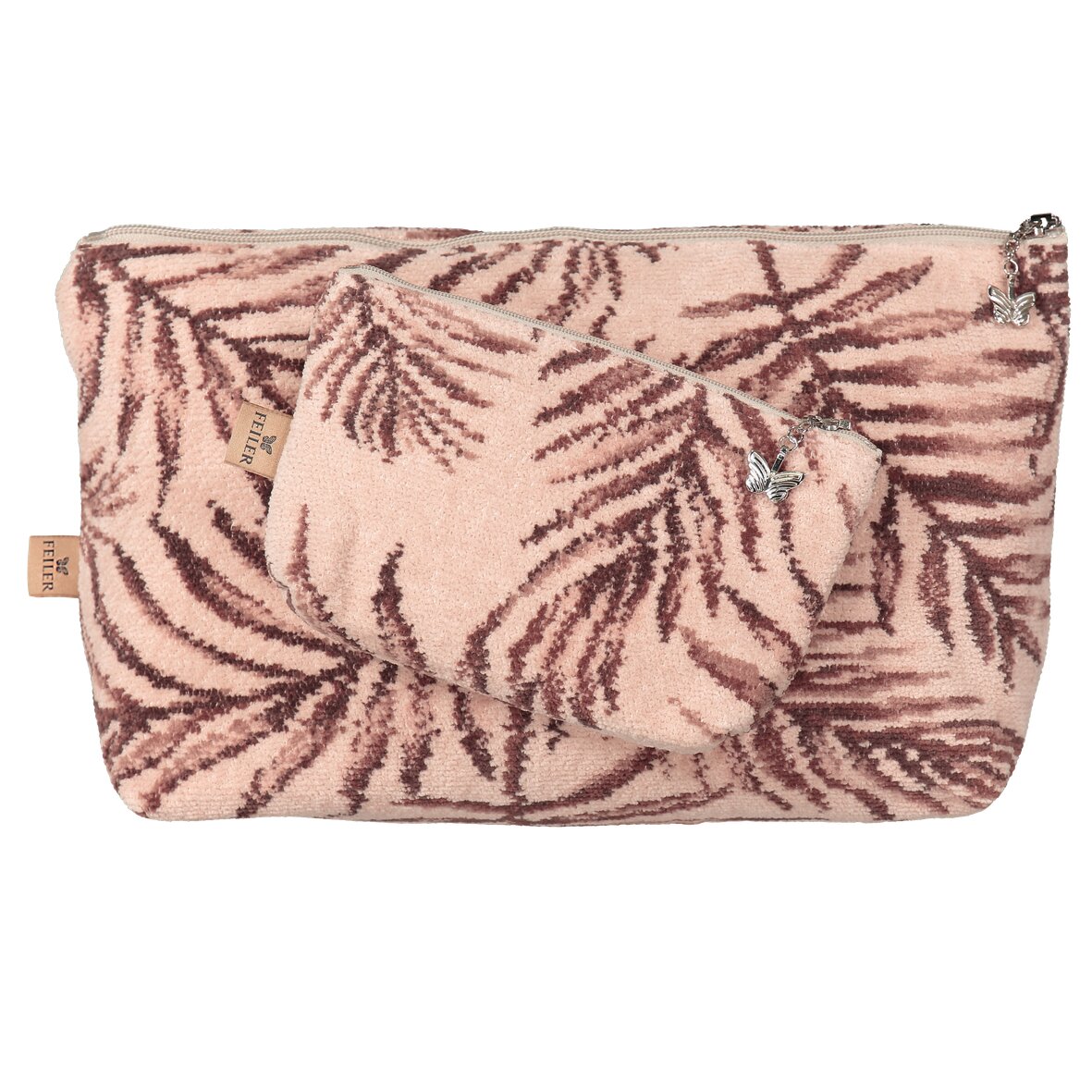 Zweite Set-Ansicht der großen FEILER DESERT PALMS Kosmetiktasche TT4 mit kleiner Tasche M4, beide aus Original FEILER-Chenille.