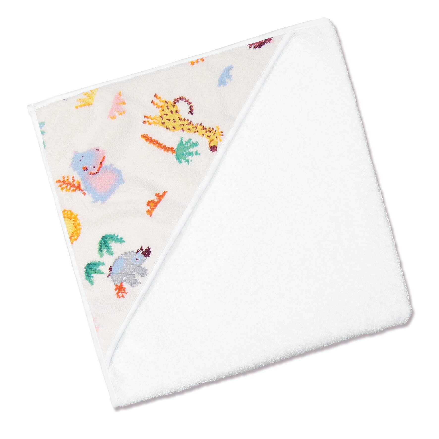 Zweite Produktansicht des weißen FEILER WILD SAFARI Badetuchs mit Kapuze, Größe 80 × 80 cm, aus Frottier mit Original FEILER-Chenille-Bordüre.