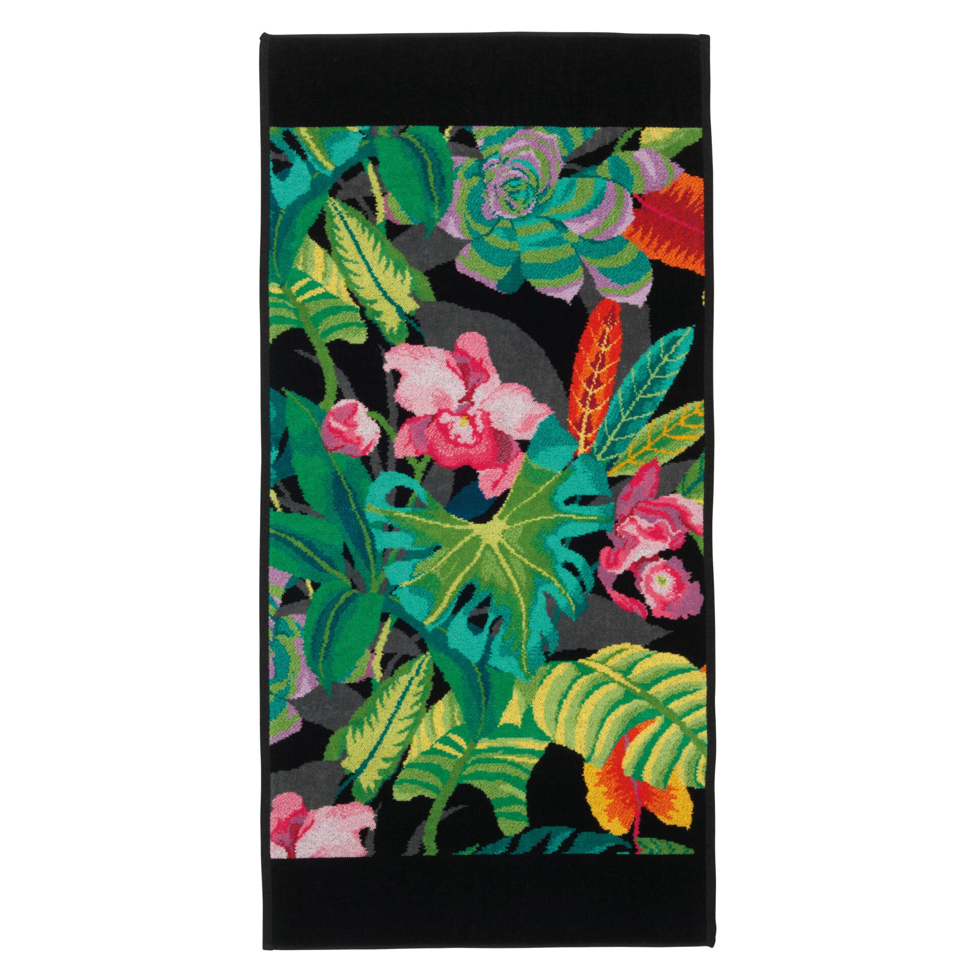 Colourful botanical pattern on textured fabric with vibrant leaves and flowers on a dark background.