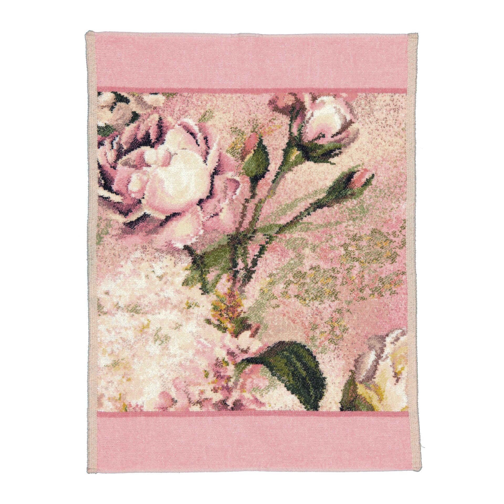 Floral-patterned pink textile, featuring intricate roses and leafy design. Plush fabric detail visible.