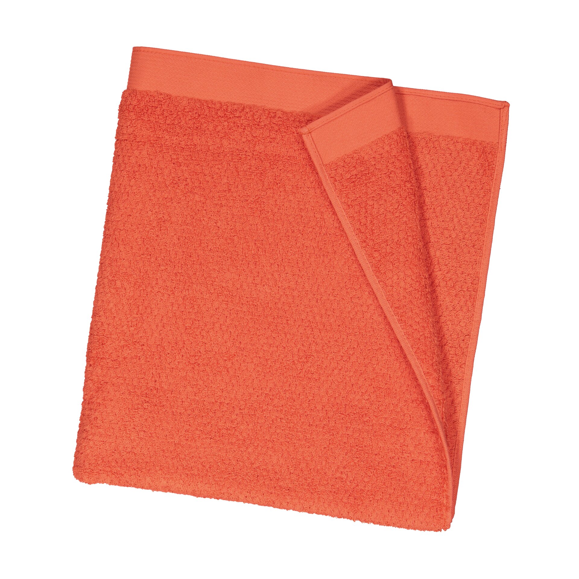 A folded coral-coloured textile with a textured pattern, designed for bathroom use.