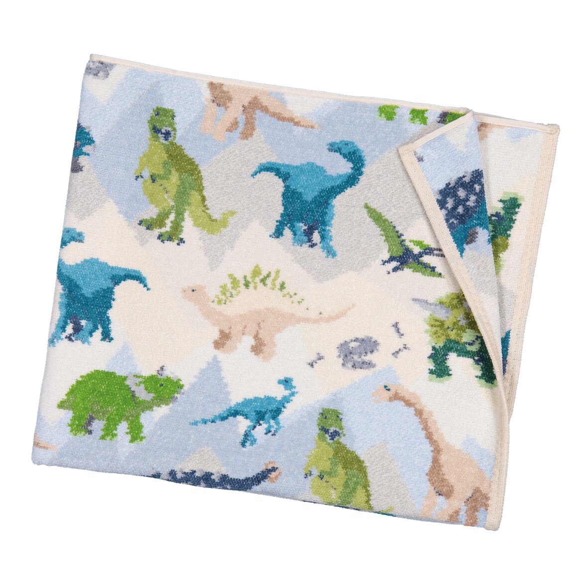 Soft textile with colourful dinosaur pattern on a light background. Ideal for bathroom decor or nursery use.