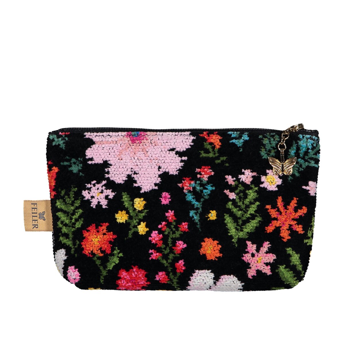 FLOWER Chenille Kosmetiktasche klein 18 × 11 × 4 cm – Luxuriöse FEILER Kosmetiktasche aus Original FEILER-Chenille, Made in Germany.