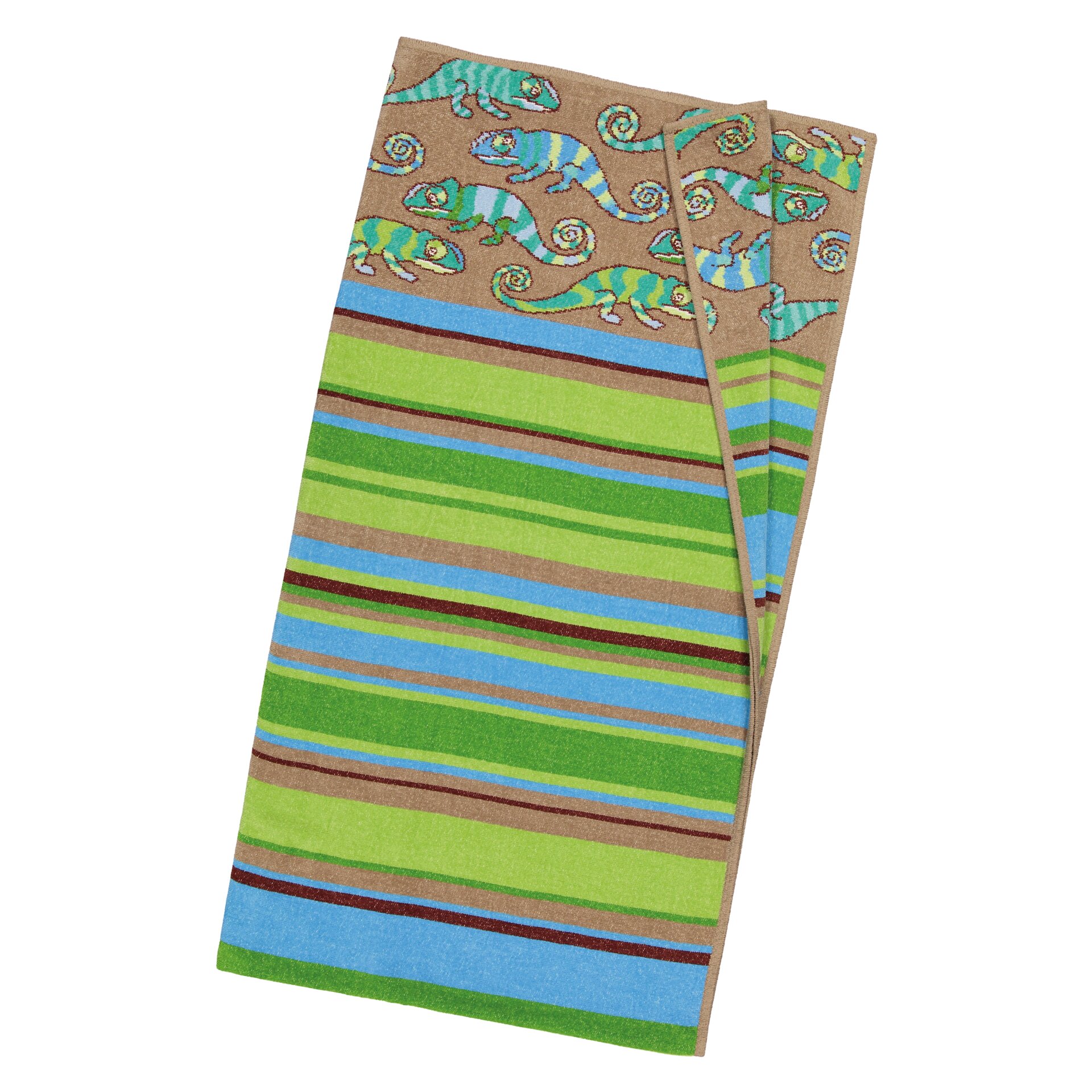 Colourful towel with stripes and chameleon pattern; vibrant greens, blues, browns.