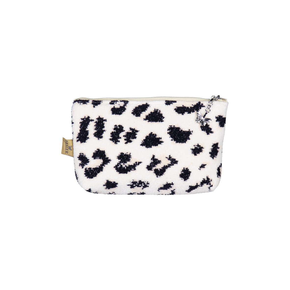 Soft chenille pouch with a black and white abstract leopard pattern, zip closure. Ideal for small items.