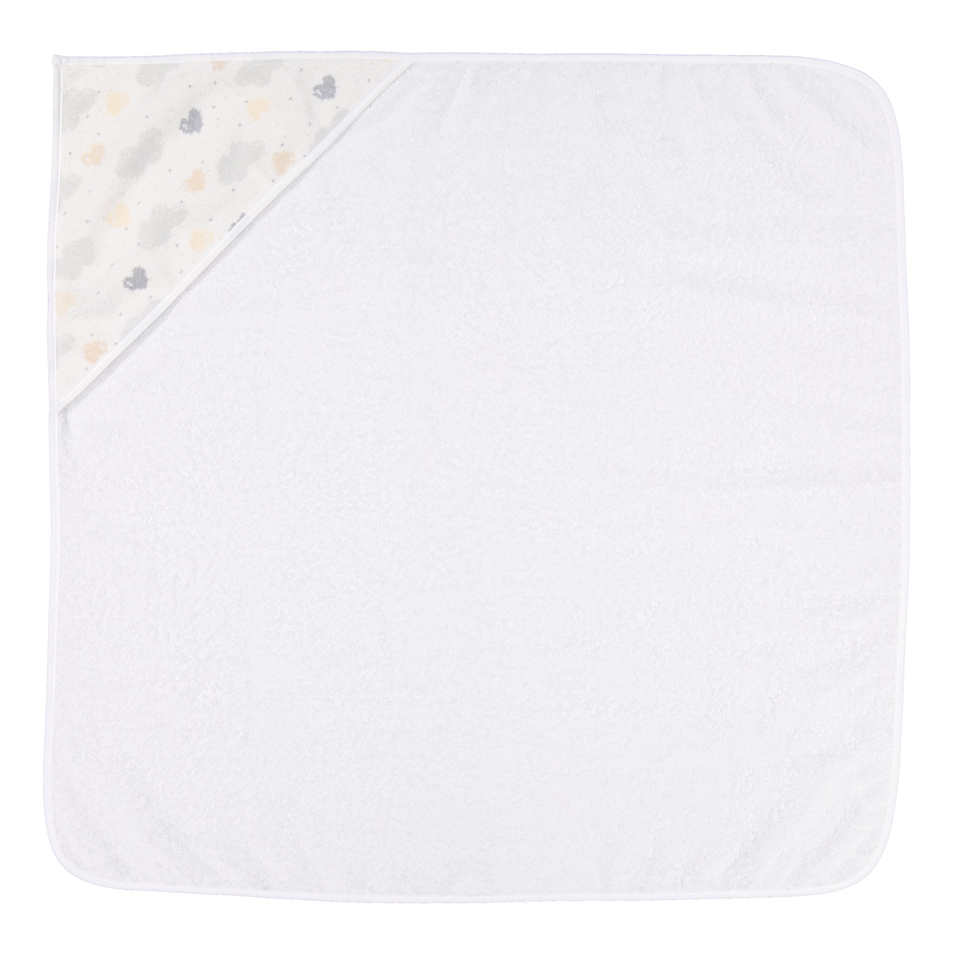 White textured fabric with a corner pattern of subtle grey and beige clouds and stars.