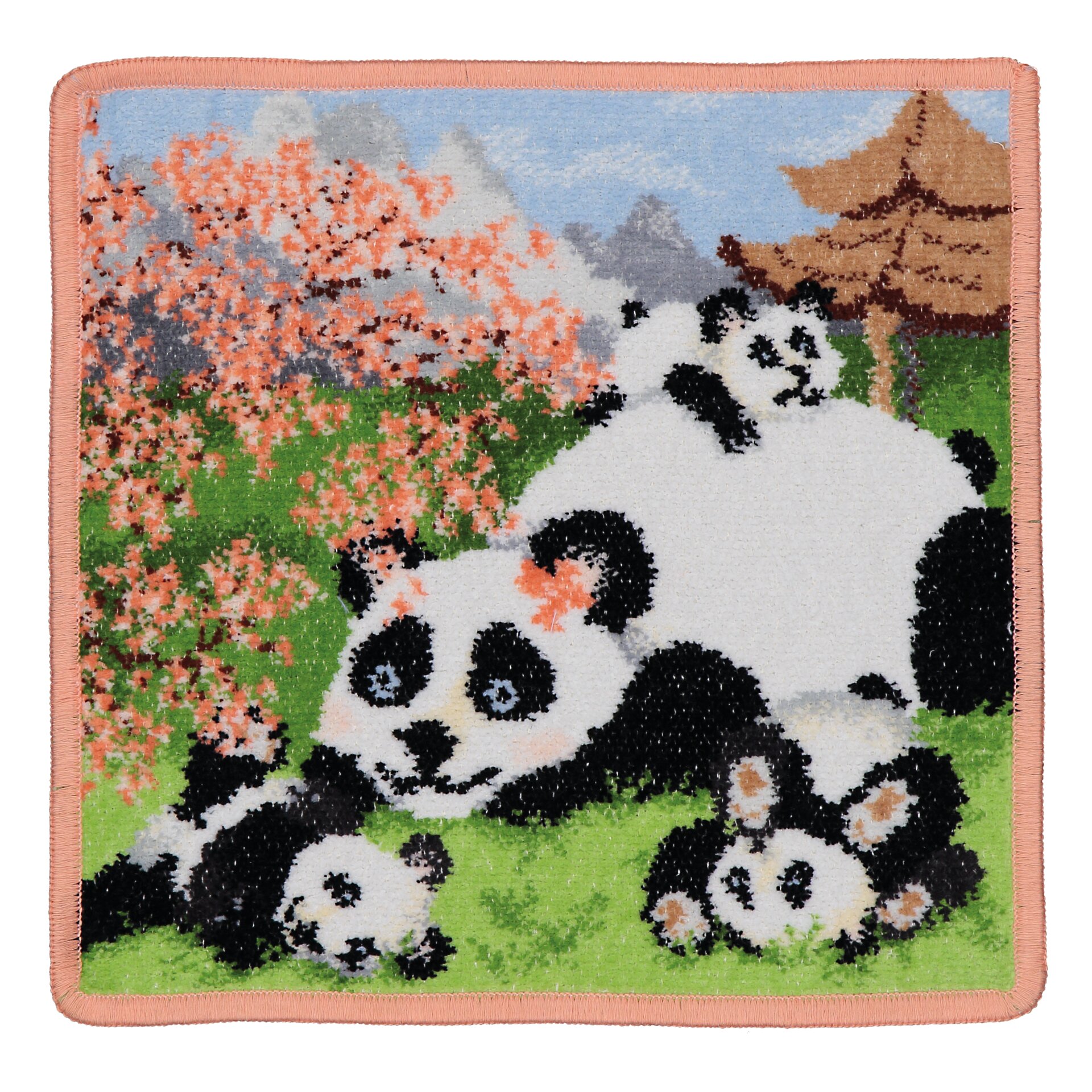 Colourful textile showing pandas playing with cherry blossoms in a garden, mountains in the background.