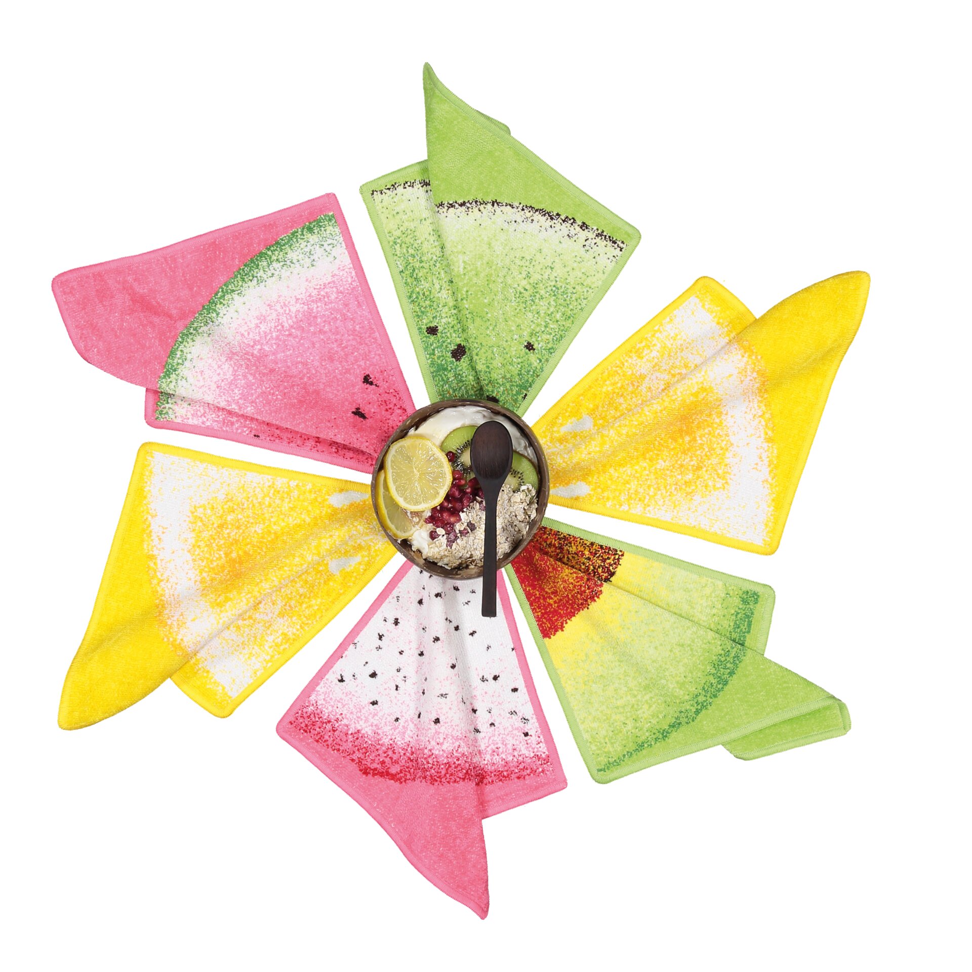 Bunte Textilien inspiriert von Melonenscheiben – Luxuriöses FEILER Handtuch der Kollektion FRUITS FREISTELLER SCHALE aus Original FEILER-Chenille, Made in Germany.