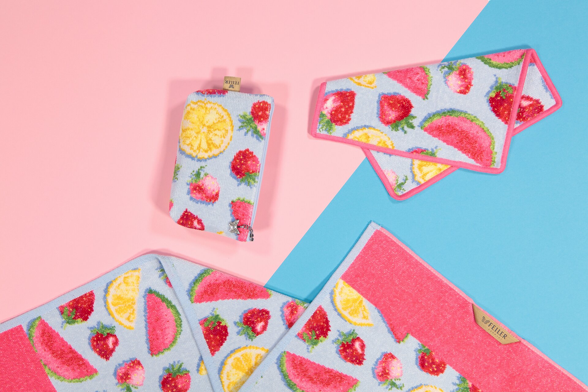 Lifestyle view featuring the FEILER Towel Set from the SUMMER FRUITS collection, made from Original FEILER chenille in Germany, lifestyle image.