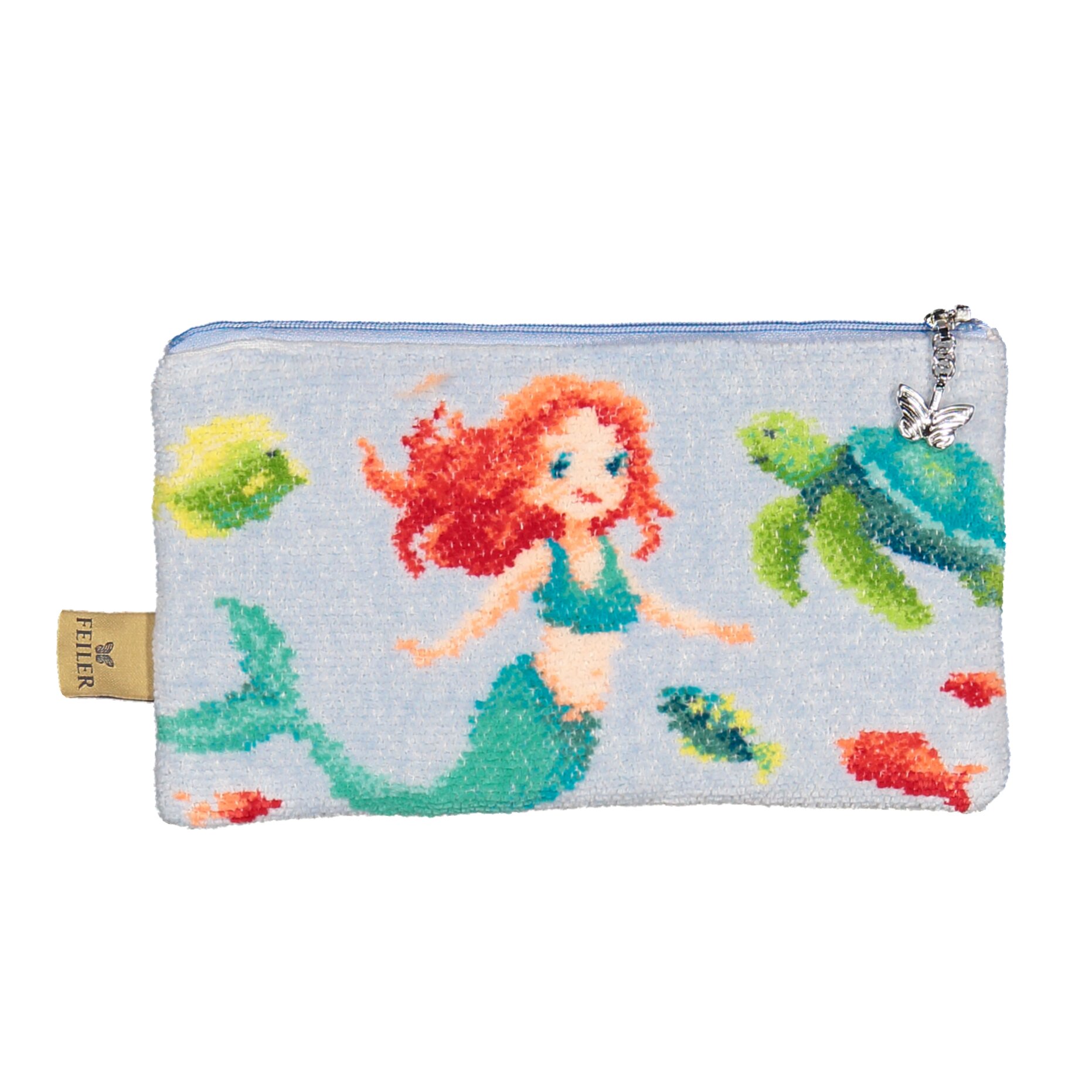 MERMAID Chenille Schmink-Tasche 21 × 14 × 5 cm – Luxuriöse FEILER Kosmetiktasche aus Original FEILER-Chenille, Made in Germany.