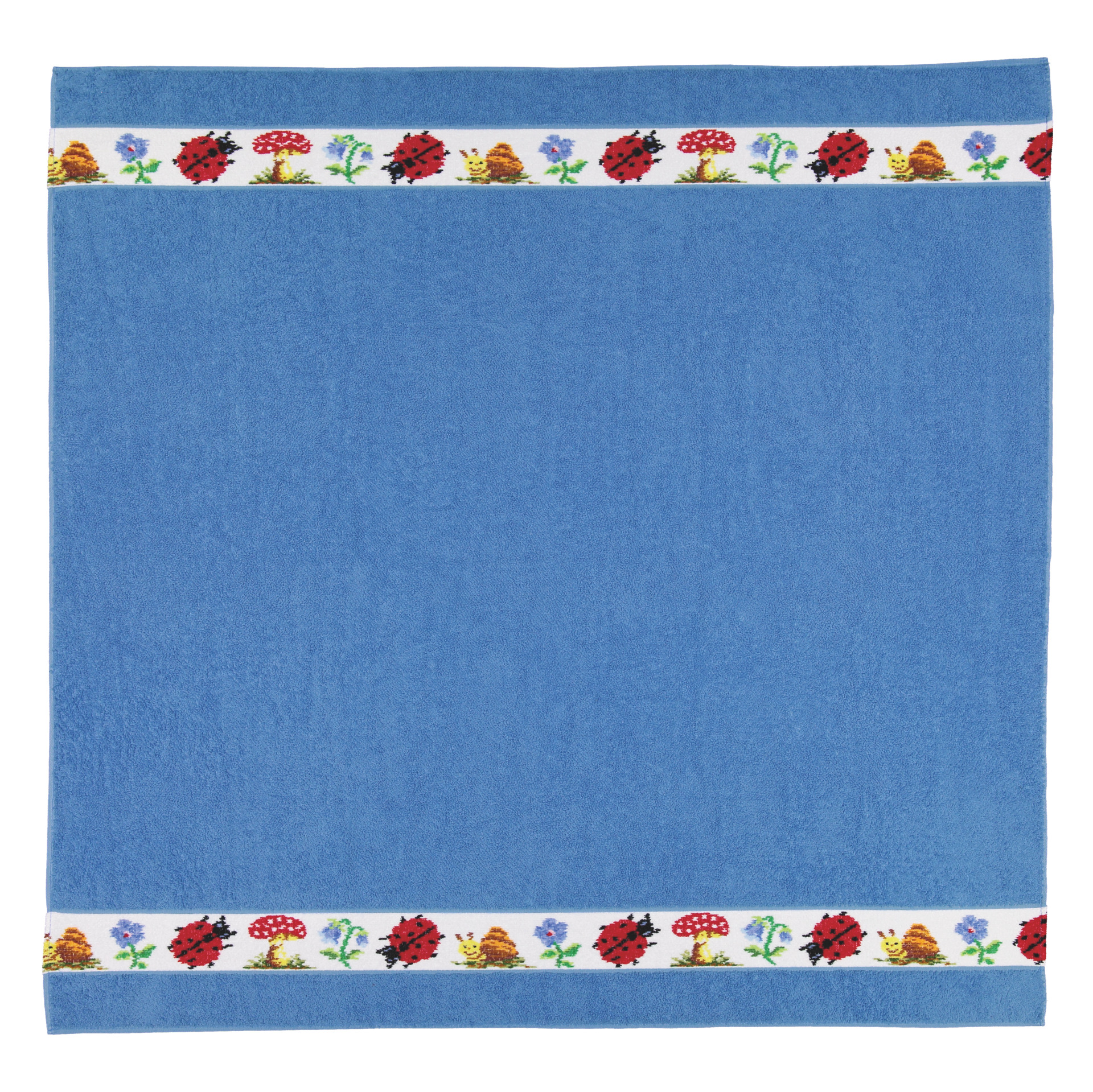 Blue textile with colourful trim featuring mushrooms, ladybirds, and snails. Vibrant and playful design.