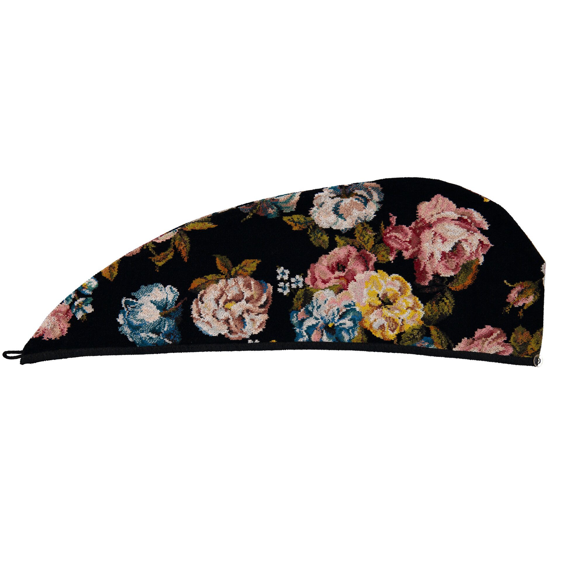 Floral chenille turban in black with roses, product photography.