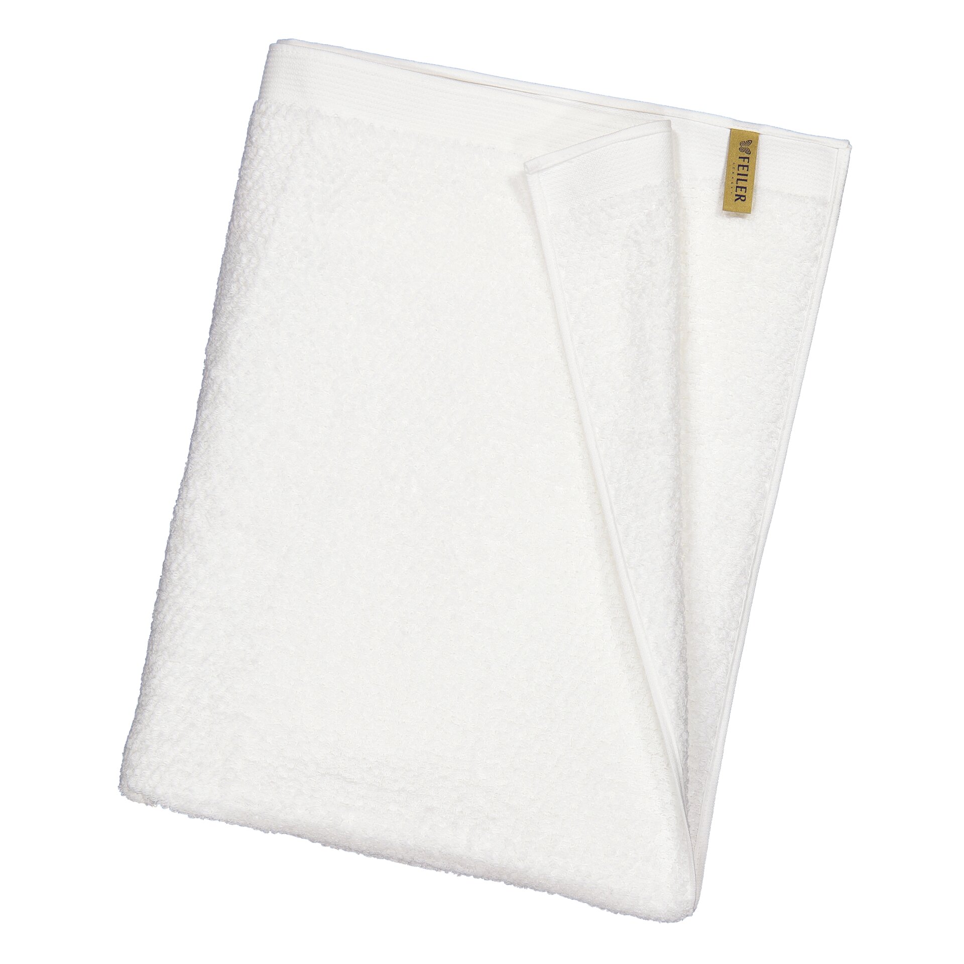 White, textured fabric with a simple, elegant design, featuring a small label on the edge.